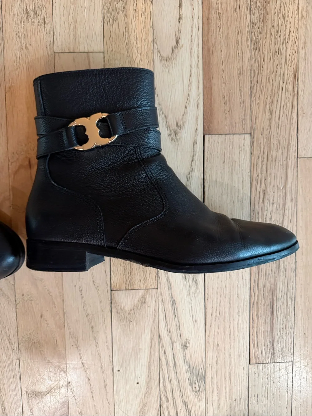 Tory Burch Black Leather Ankle Boot with Gold Logo Accent